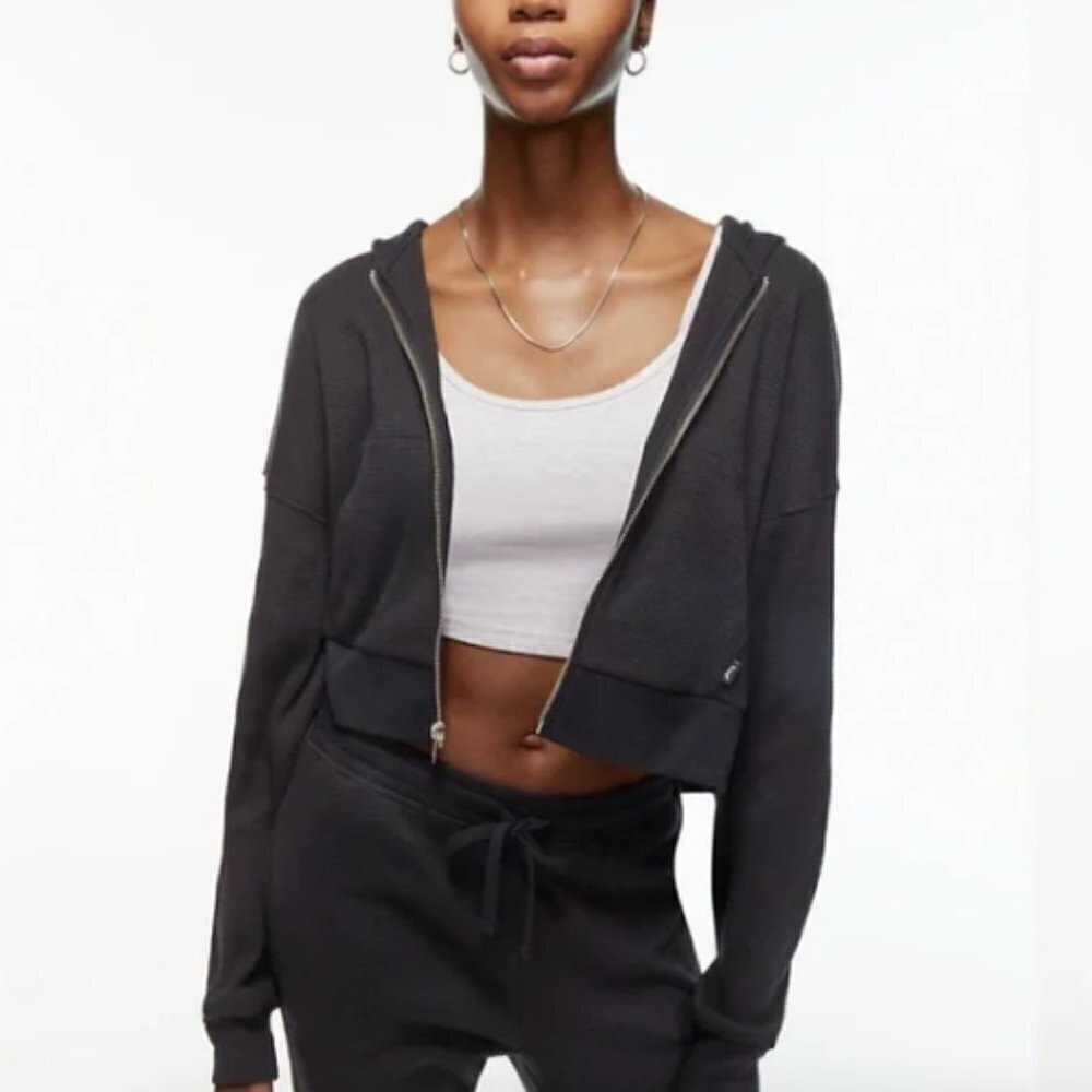 TNA Boxy Waffle Zip Hoodie in Black sz XXS